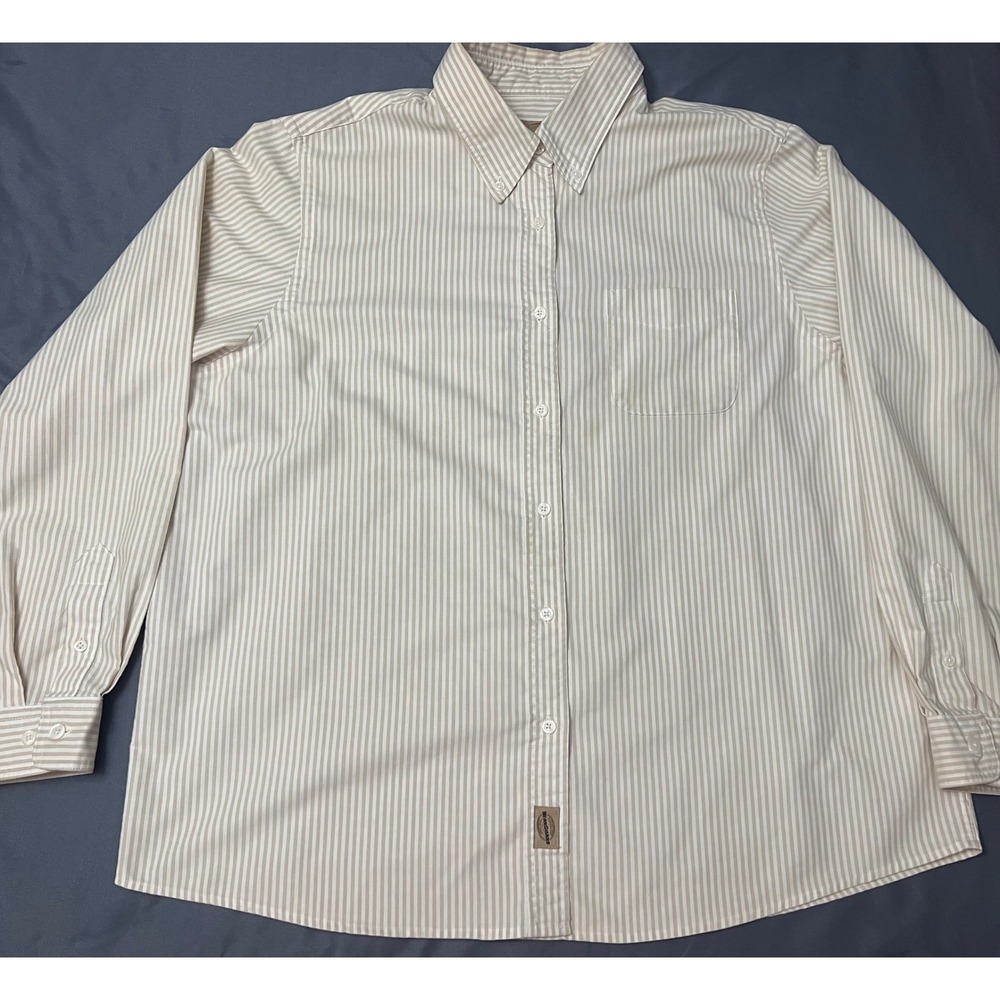 WearGuard 1X LR Beige White Stripe Button Up Work Shirt Cotton Blend Long Sleeve